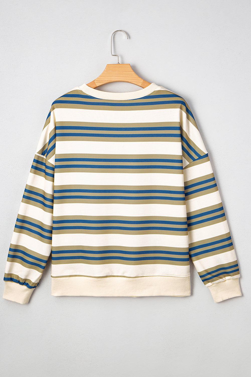 Khaki Striped Crew Neck Drop Shoulder Pullover Sweatshirt