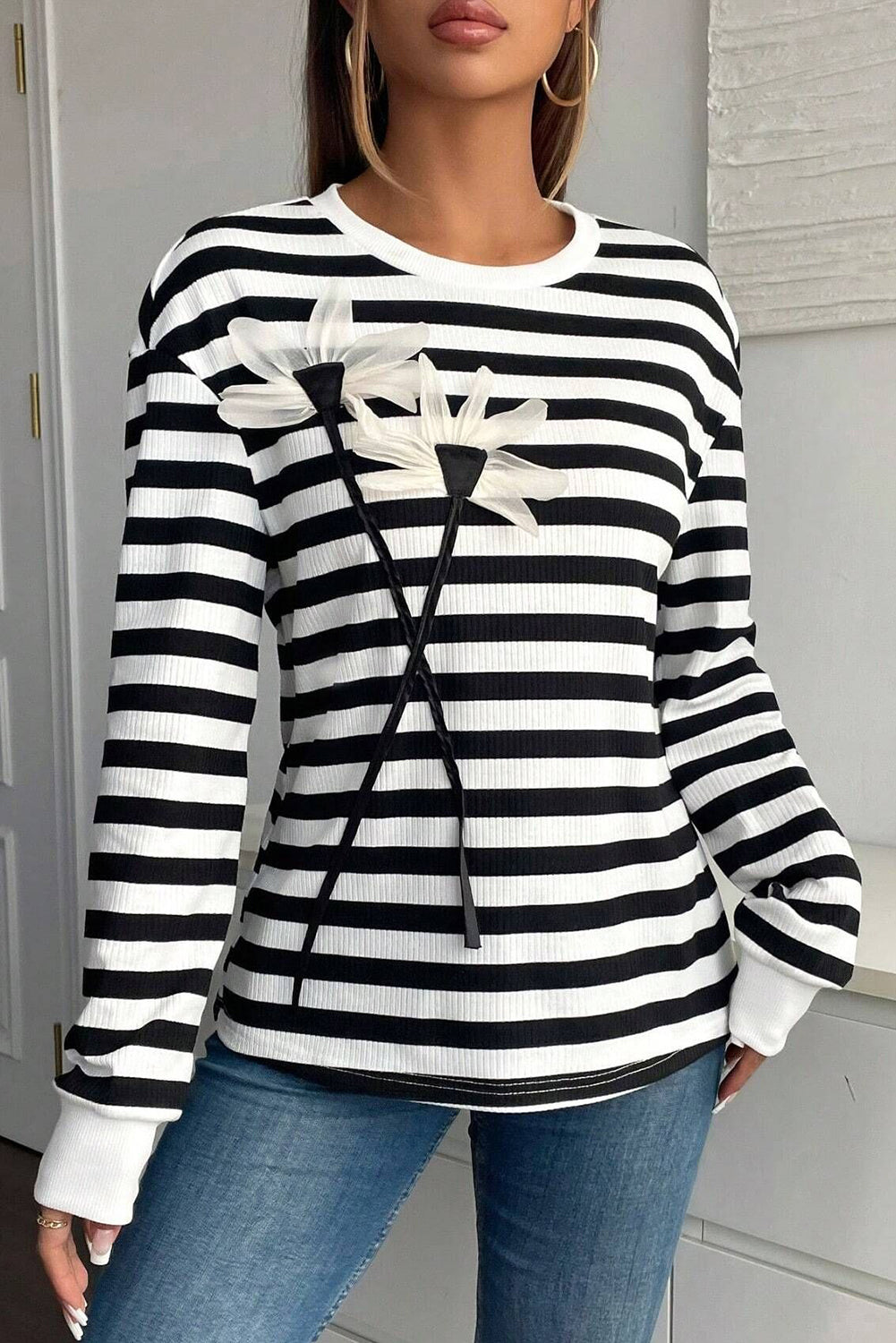 Black White Ribbed Striped Floral Applique Long Sleeve Top