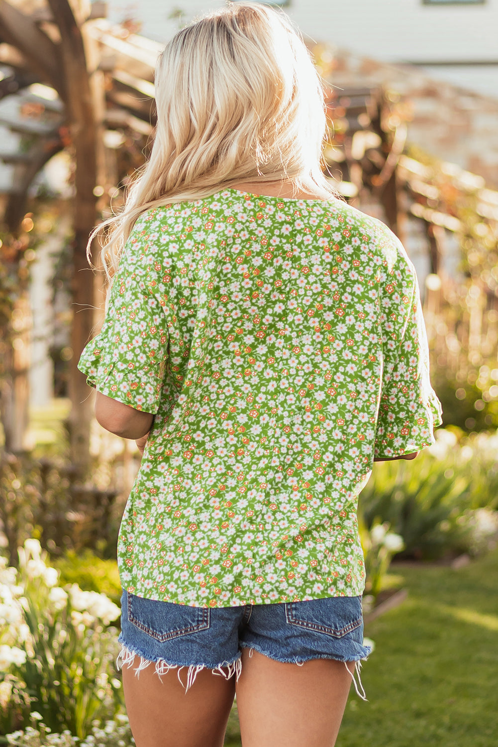 Green Floral Print Ruffle Sleeve V Neck Blouse Top