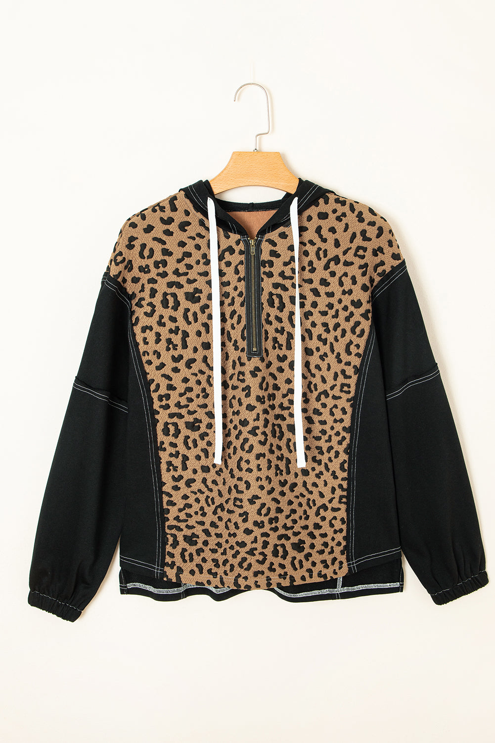 Brown Leopard Patchwork Contrast Stitching Knotted Cuff Quarter Zip Hoodie