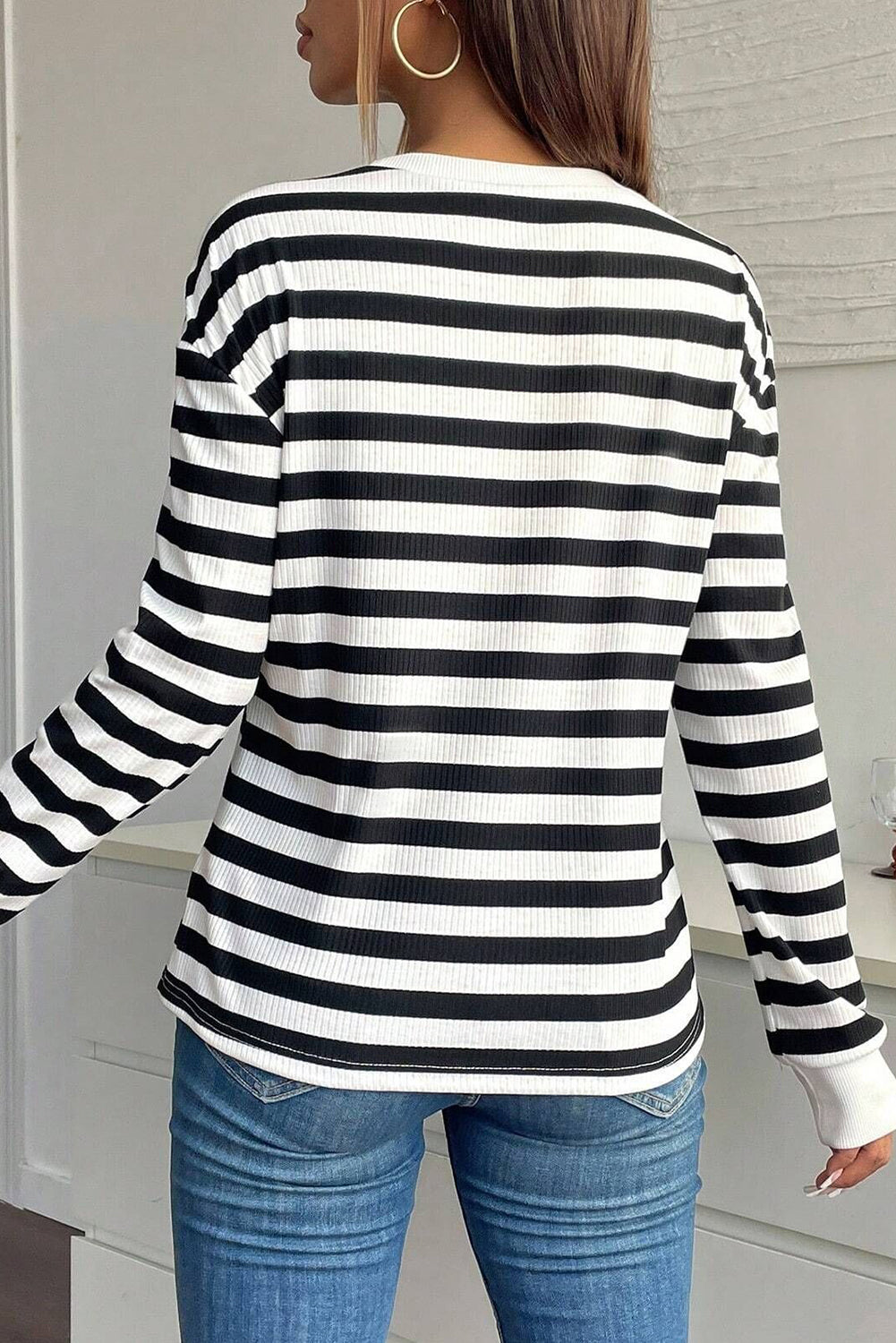 Black White Ribbed Striped Floral Applique Long Sleeve Top