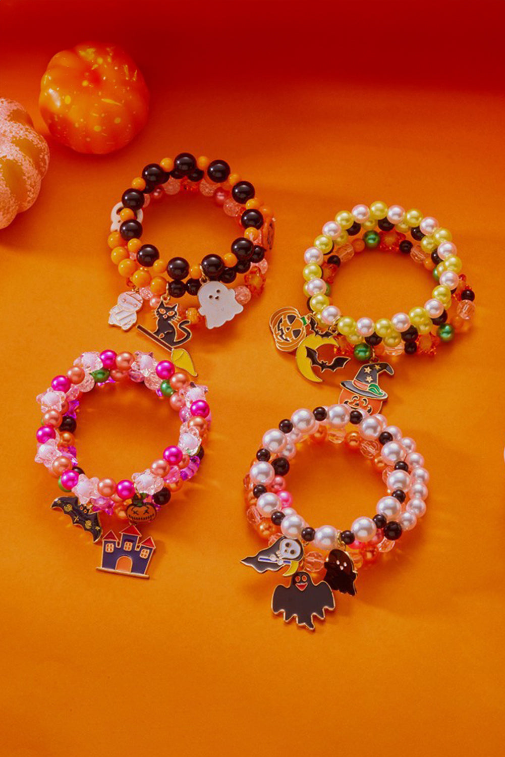 Orange 3pcs Hallowen Pendent Elastic Beaded Bracelet Set
