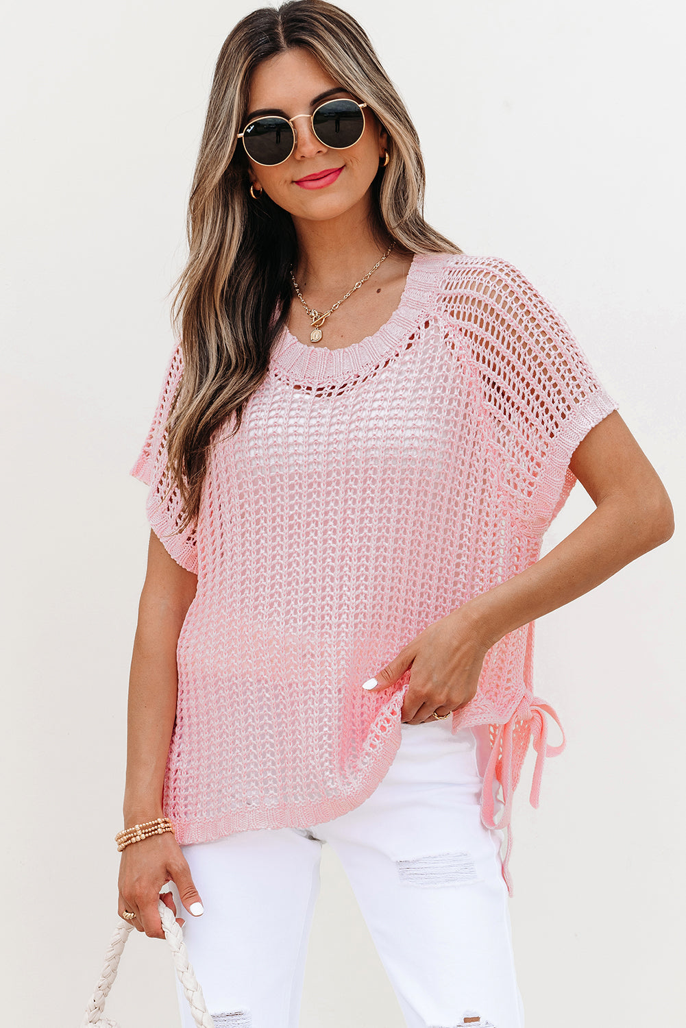 Pink Hollow-out Crochet Side Tied Short Sleeve Sweater