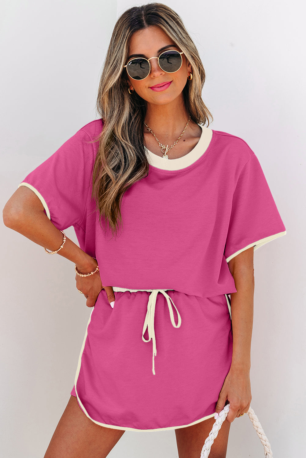 Rose Red Colorblock Edge Drop Shoulder T Shirt and Skort 2Pcs Set