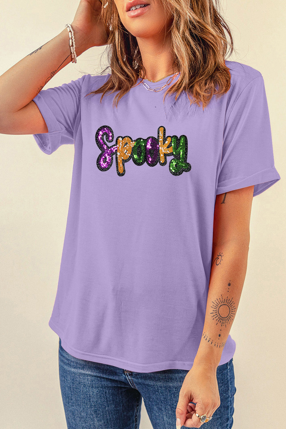Wisteria Spooky Sequin Letter Patched Cotton Blend T Shirt