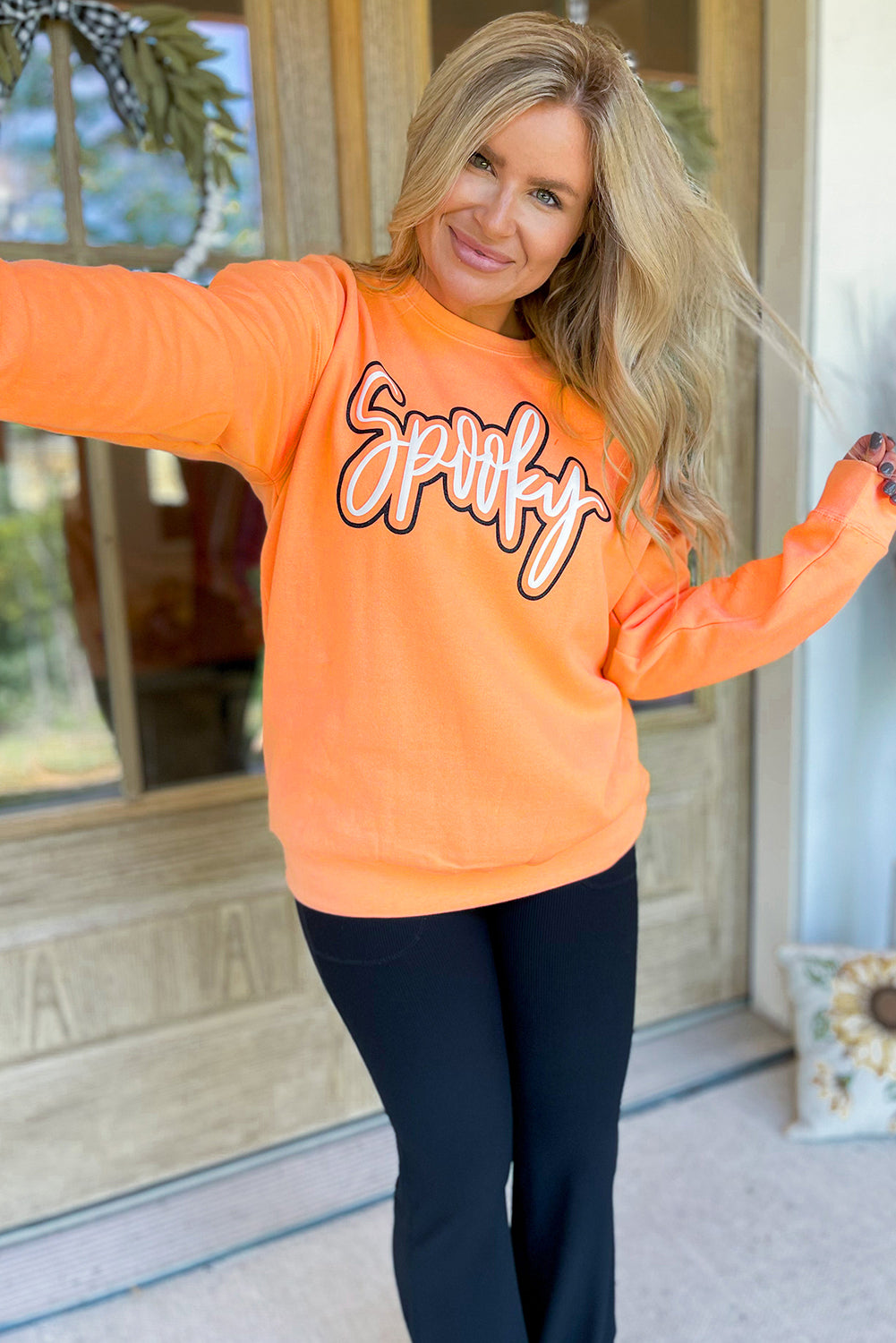 Grapefruit Orange Spooky Graphic Halloween Crew Neck Holiday Sweatshirt