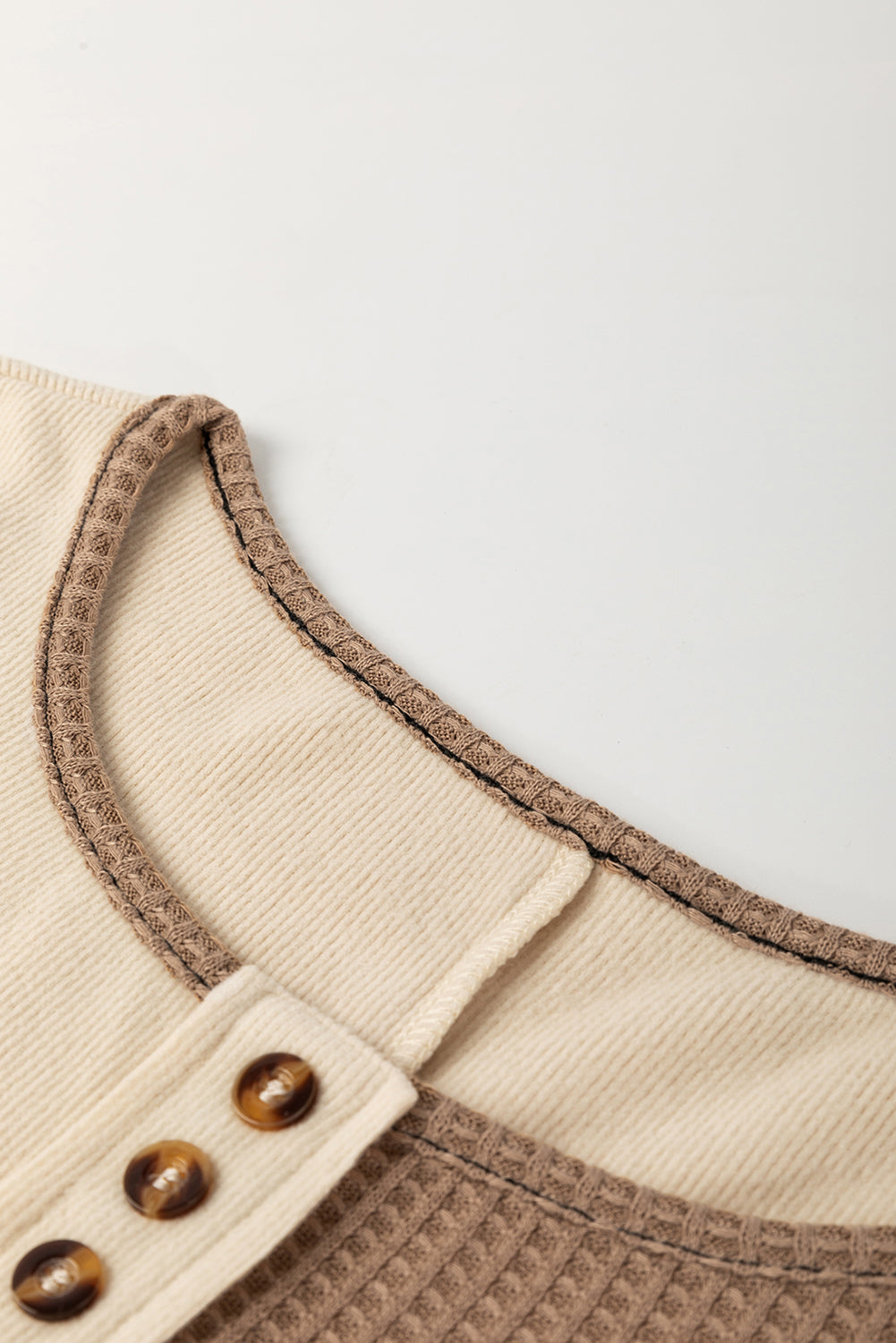 Beige Waffle Patchwork Stitch Detail Long Sleeve Henley Top