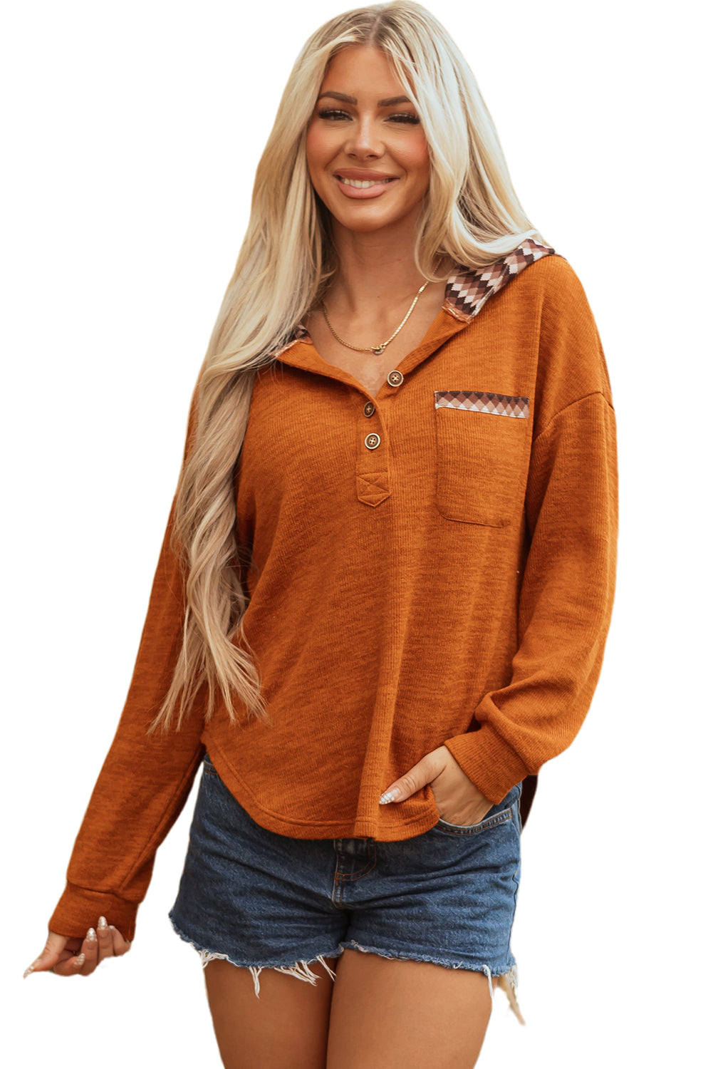 Straw Yellow Contrast Plaid Hood Patchwork Chest Pocket Henley Top