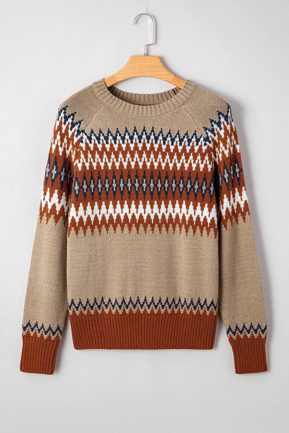 Khaki Aztec Print Colorblock Crew Neck Sweater