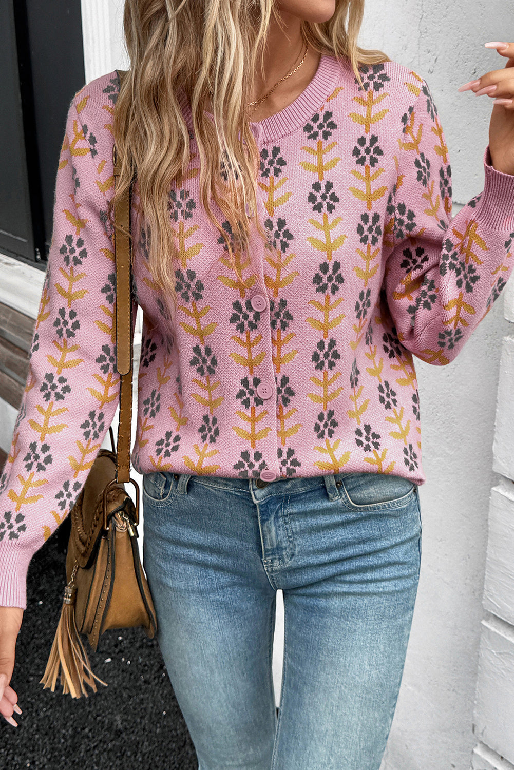 Pink Floral Button Down Ribbed Banded Cardigan Sweater