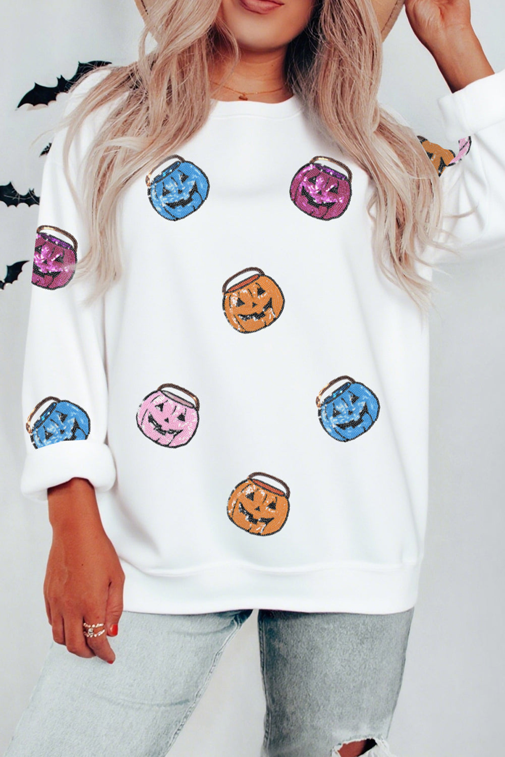 White Halloween Pumpkin Lantern Sequin Patched Sweatshirt