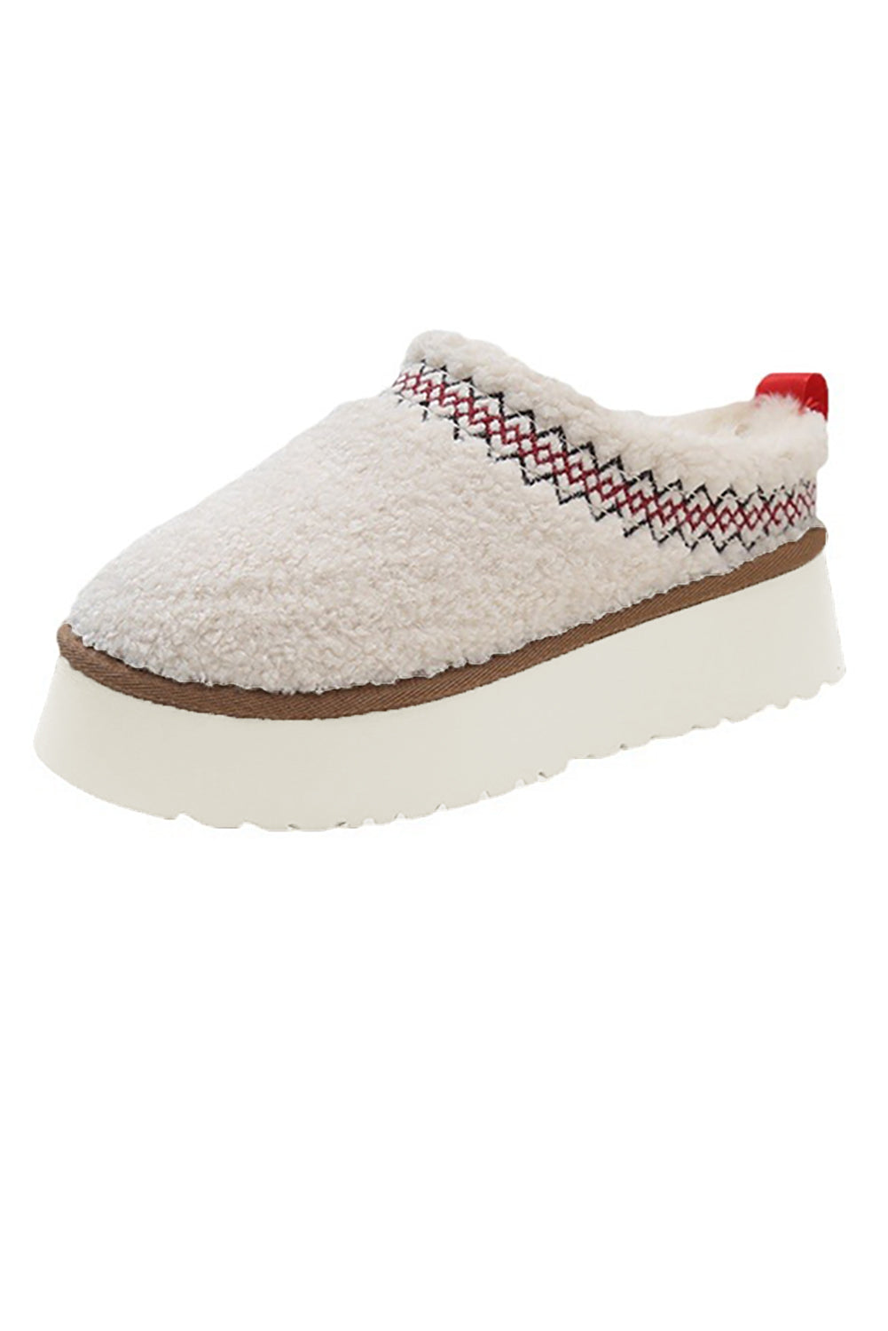 White Embroidered Sherpa Plush Thick Sole Winter Slippers
