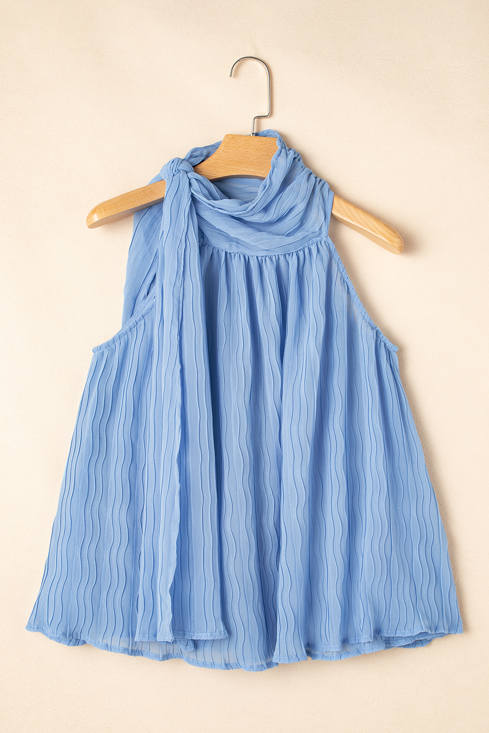 Myosotis Textured Pleated Tied Mock Neck Flowy Tank Top