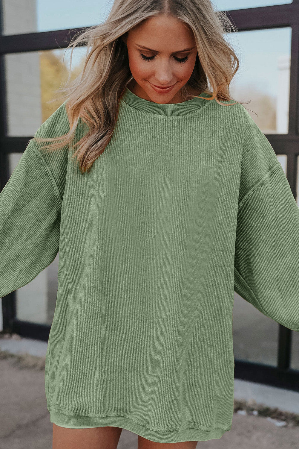Grass Green Rib Knit Drop Shoulder Oversized Sweatshirt
