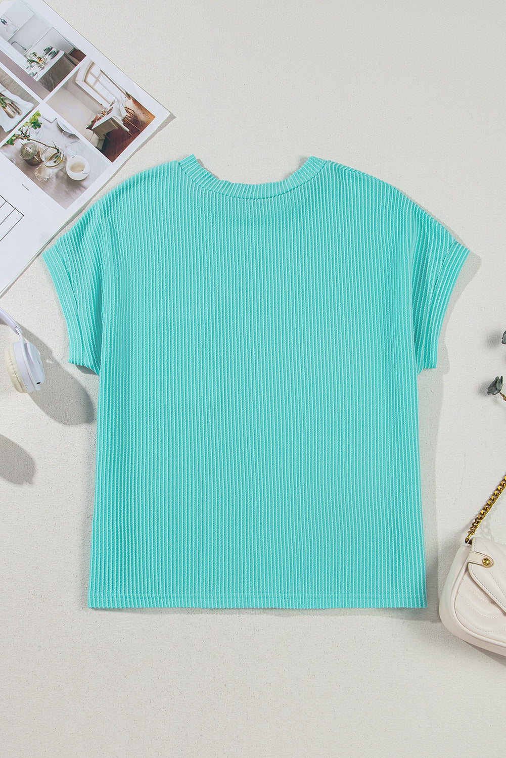 Light Blue Corded Knit Color Block Pocketed Crew Neck T Shirt