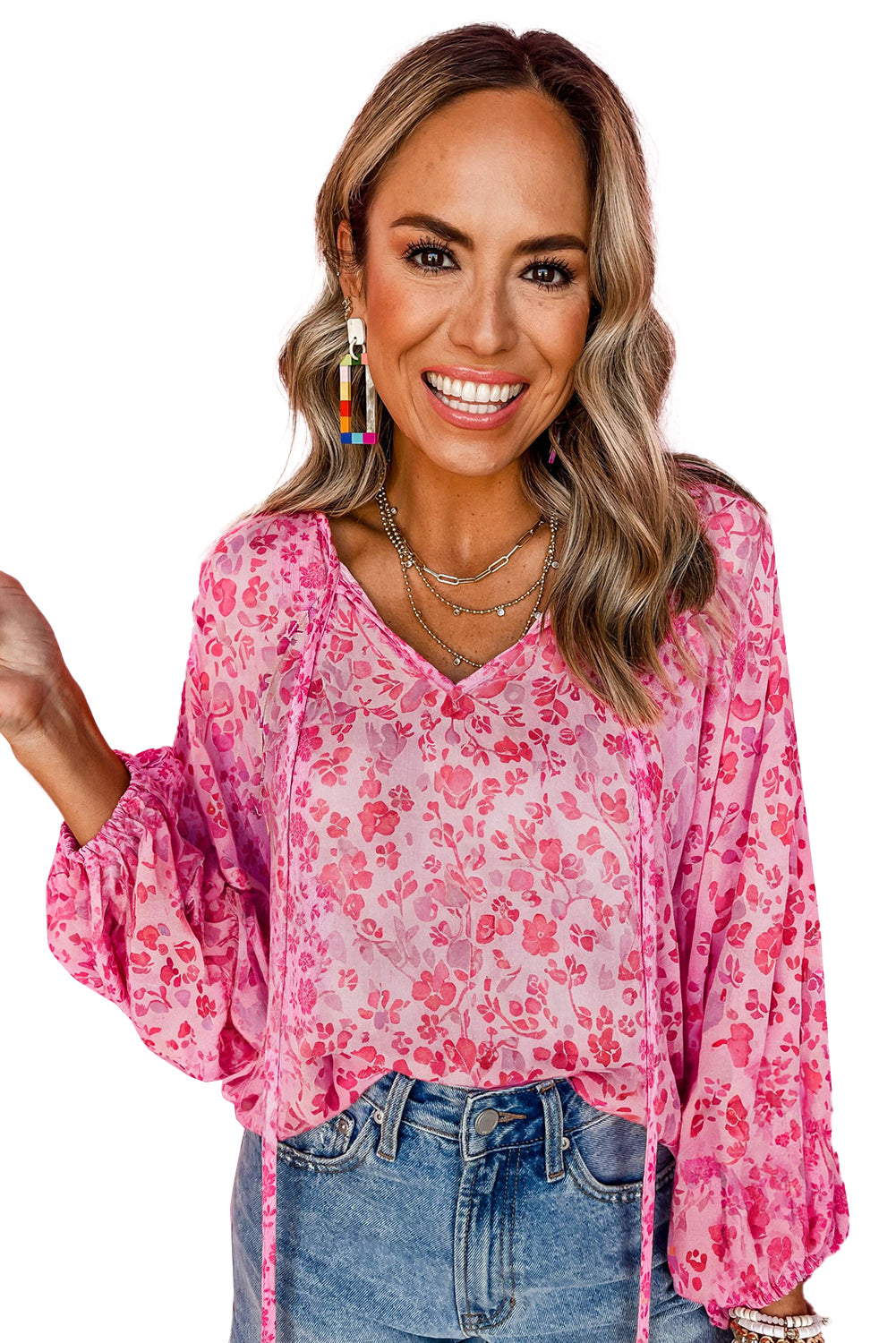 Pink Floral Puff Sleeve Split Neck Blouse