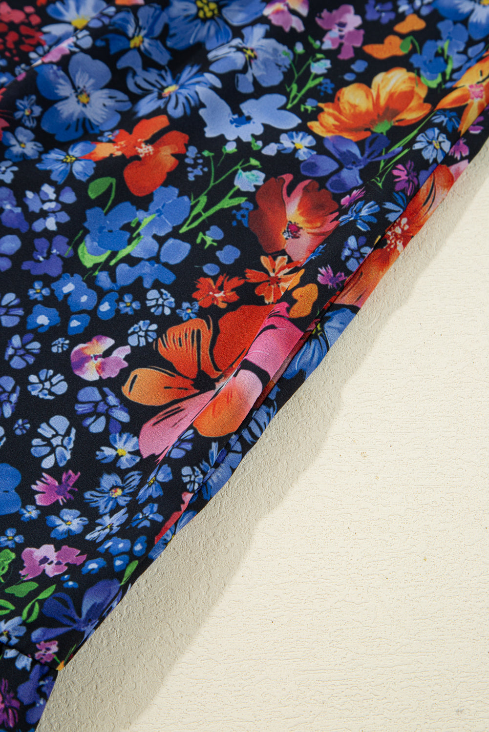 Blue Floral Print Tassel Tie V Neck Long Sleeve Flowy Long Dress