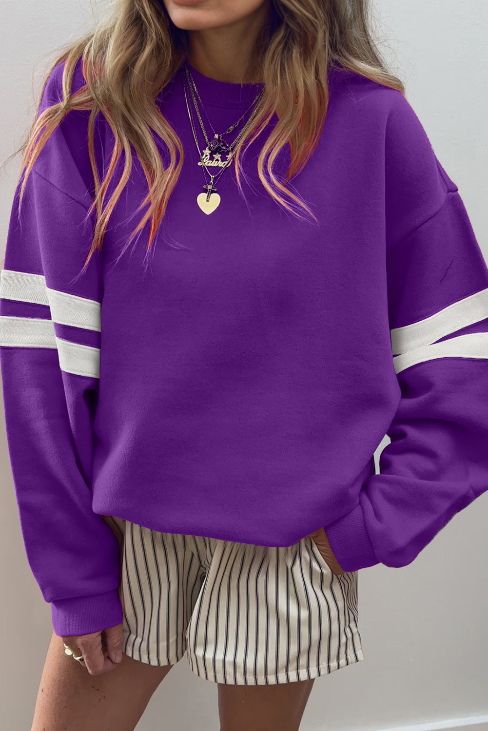 Tillandsia Purple Varsity Striped Detail Drop Shoulder Oversized Sweatshirt