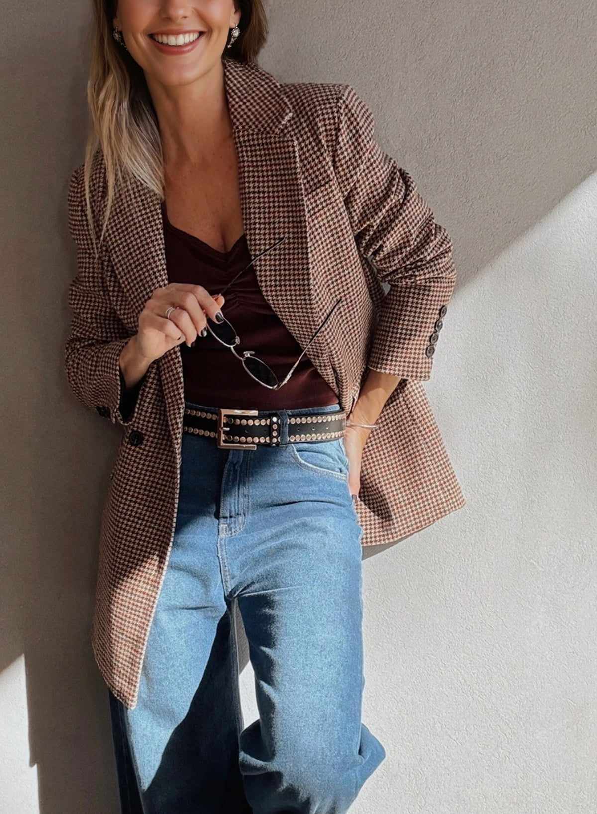 Brown Houndstooth Lapel Collar Blazer