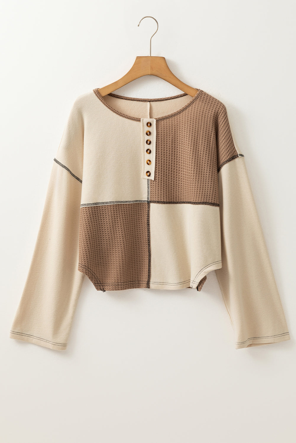 Beige Waffle Patchwork Stitch Detail Long Sleeve Henley Top