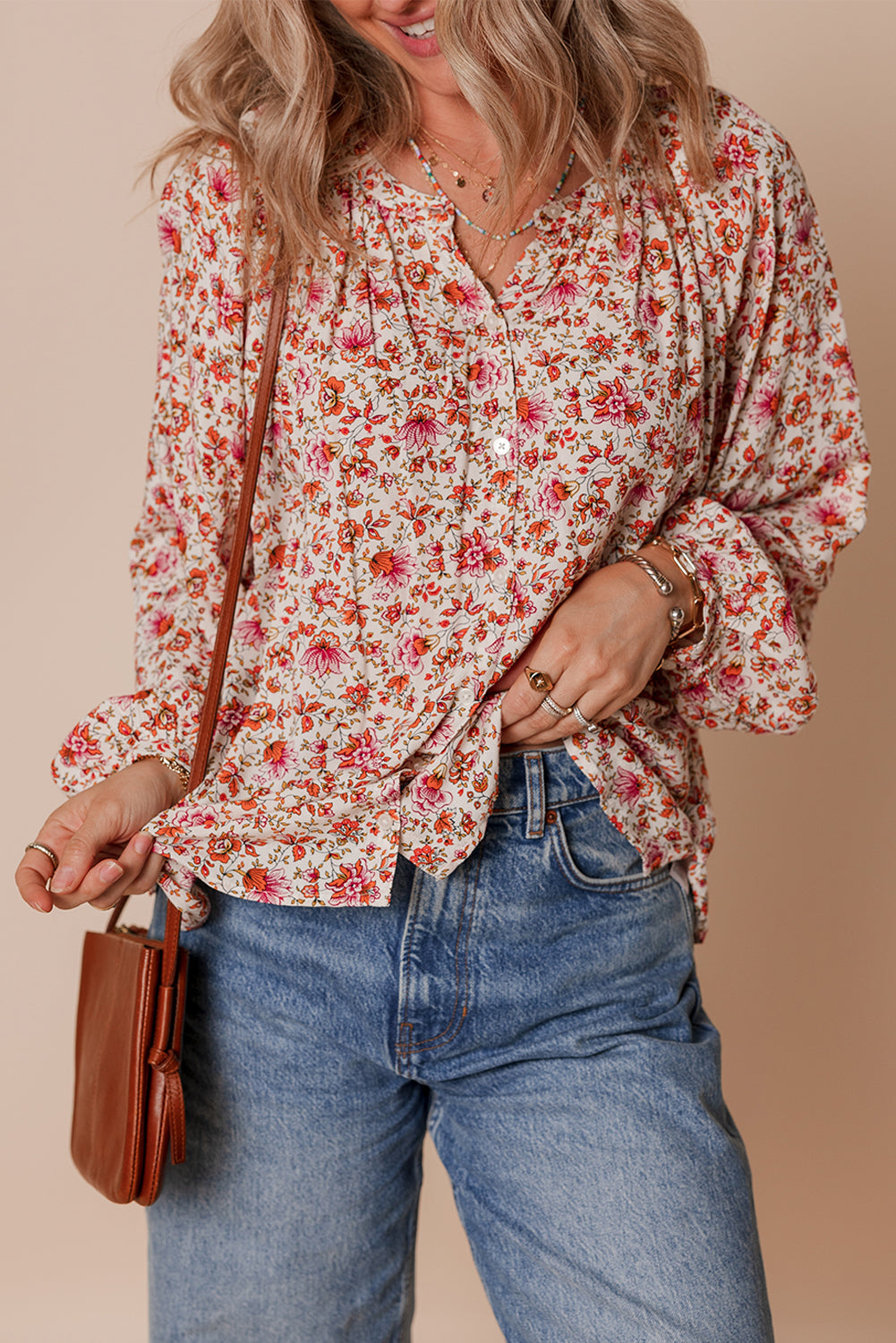 Red Floral Print Pleated Detail Notched Neck Puff Sleeve Blouse