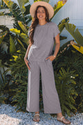 Wild Wind Solid Corded Knit Short Sleeve T Shirt and Wide Leg Pants Set