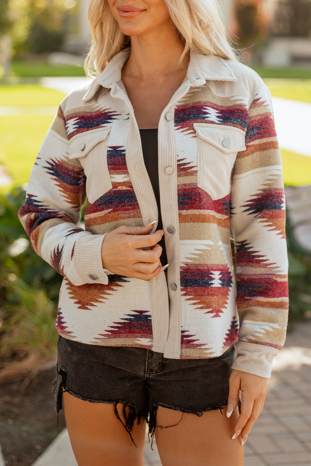 Multicolour Western Aztec Striped Patchwork Double Flap Pocket Raw Hem Shacket