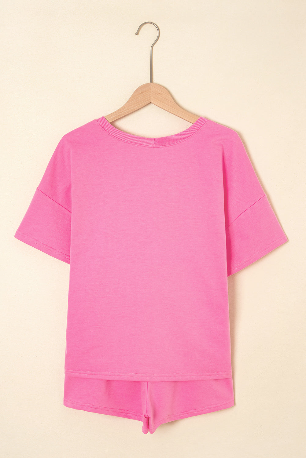 Bonbon V Neck Drop Shoulder Tee and Patchwork Drawstring Shorts Set