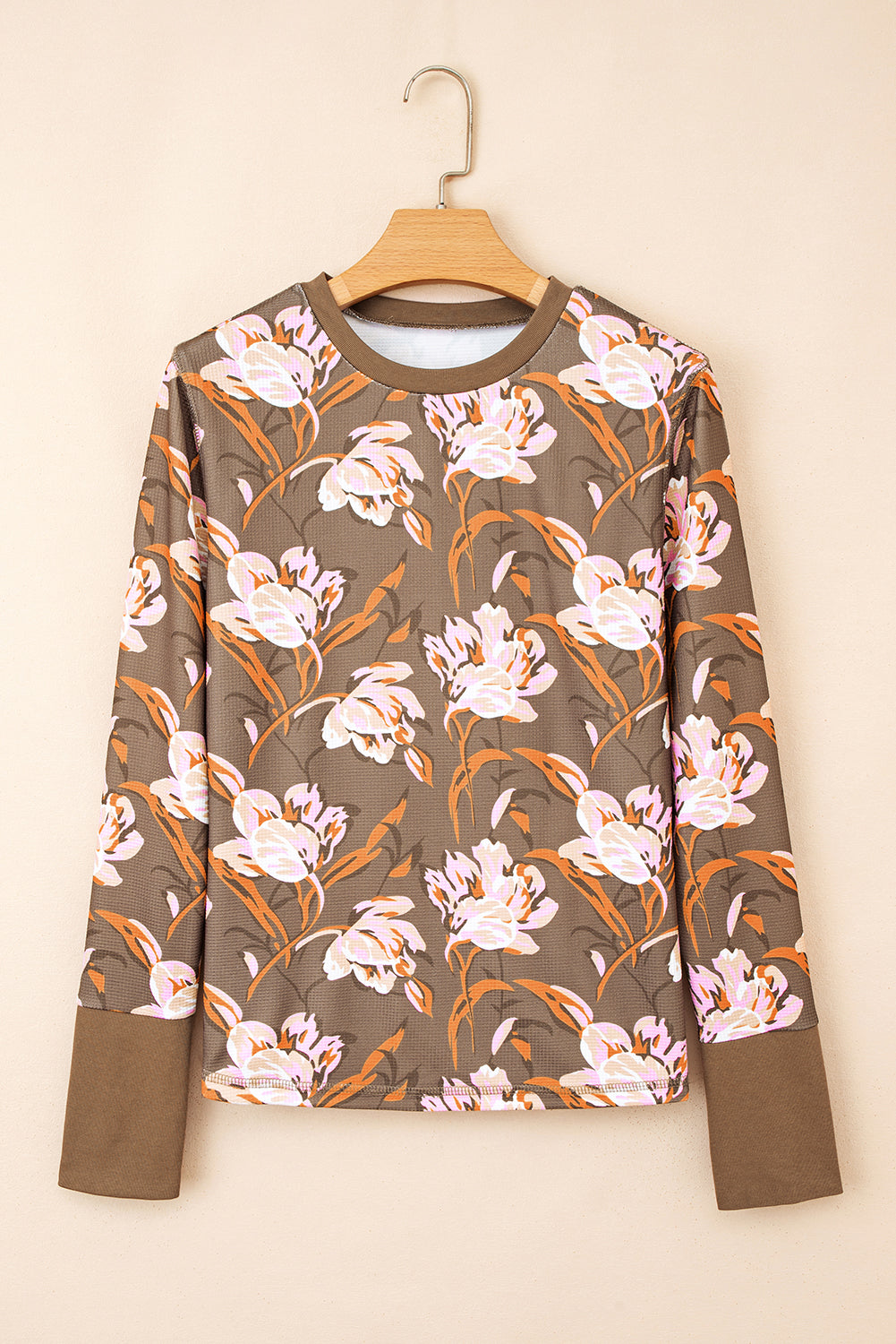 Brown Floral Print Waffle Textured Long Sleeve Top