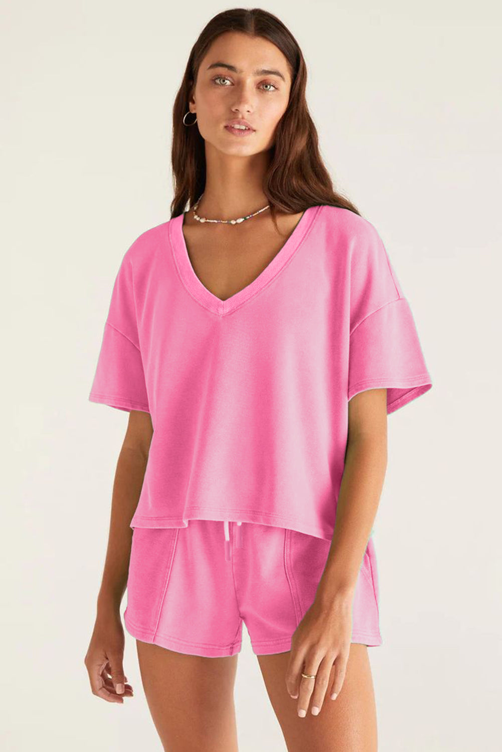 Bonbon V Neck Drop Shoulder Tee and Patchwork Drawstring Shorts Set