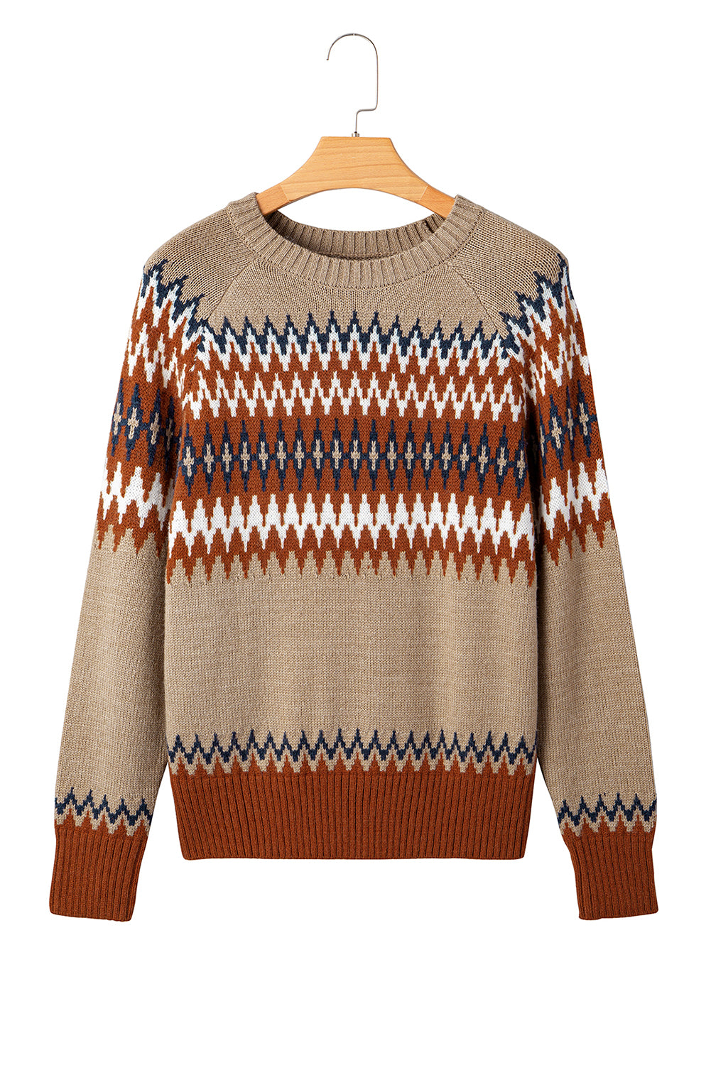 Khaki Aztec Print Colorblock Crew Neck Sweater