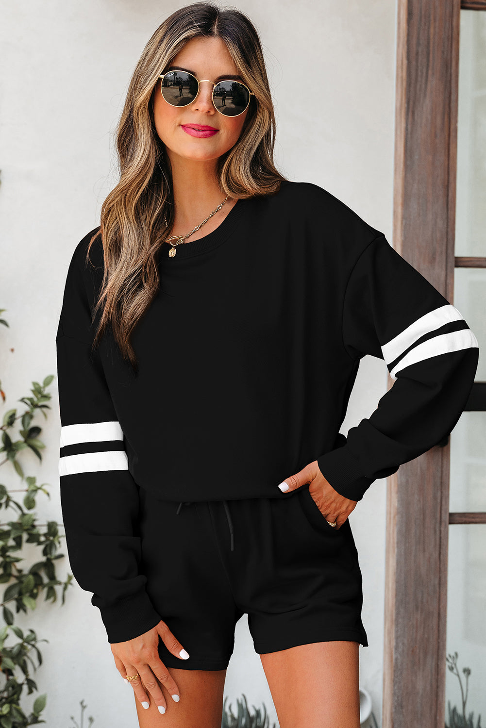 Black Varsity Striped Sleeve Drop Shoulder Sweatshirt and Short Set