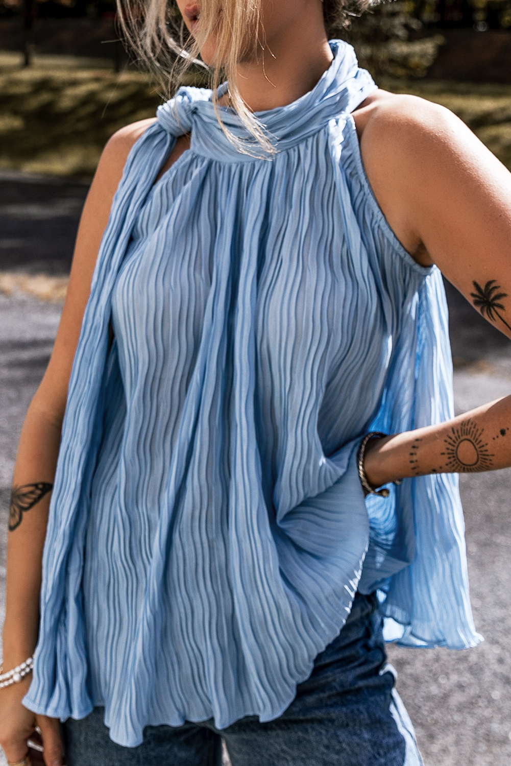 Myosotis Textured Pleated Tied Mock Neck Flowy Tank Top