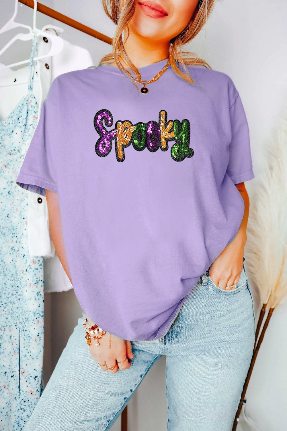 Wisteria Spooky Sequin Letter Patched Cotton Blend T Shirt