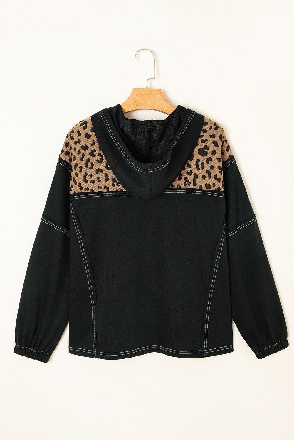 Brown Leopard Patchwork Contrast Stitching Knotted Cuff Quarter Zip Hoodie