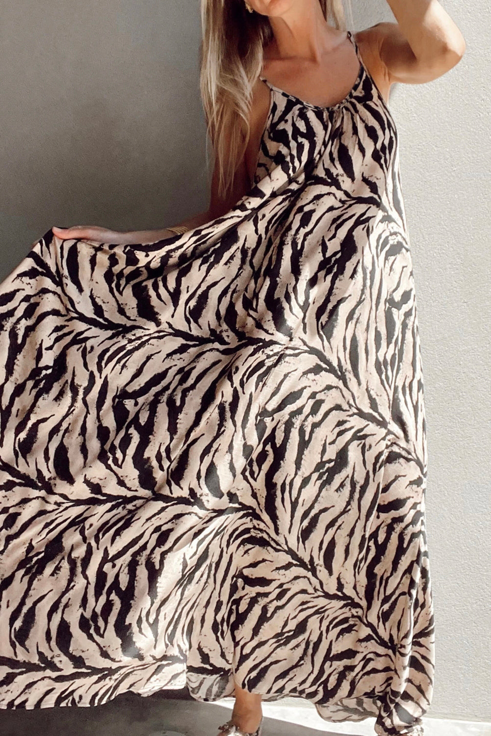 Black Abstract Print Open Back Boho Loose Maxi Sundress