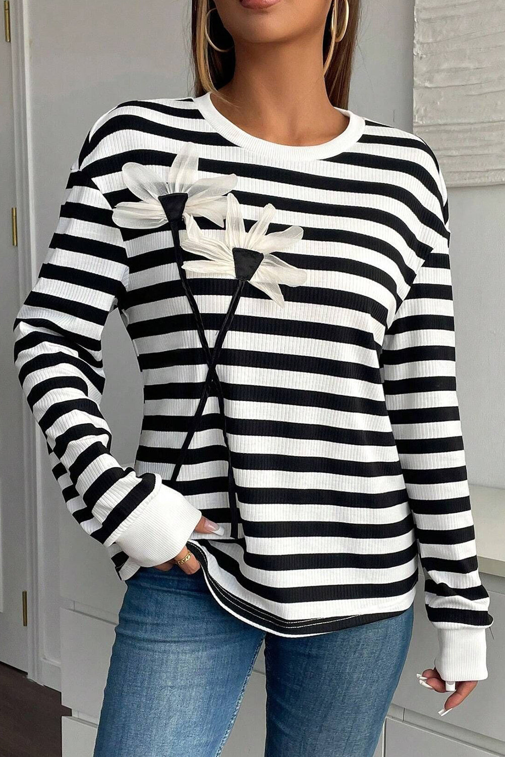 Black White Ribbed Striped Floral Applique Long Sleeve Top