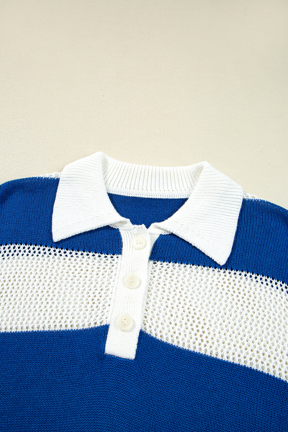 Blue Stripe Colorblock Polo Collar Eyelet Crochet Knitted Sweater