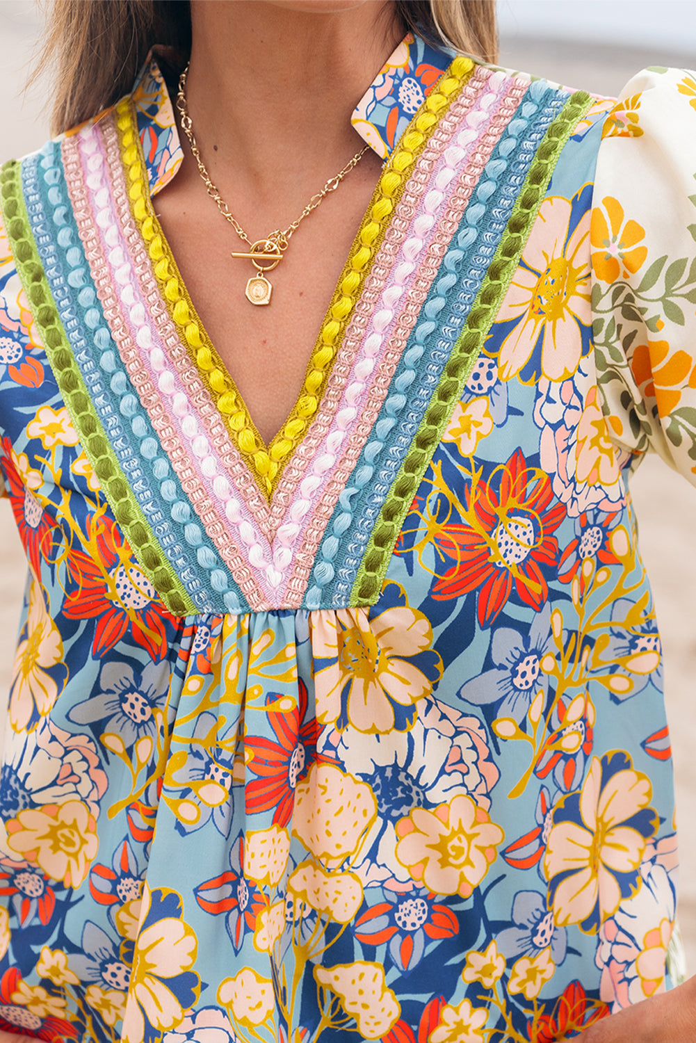 Multicolour Crochet V Neck Half Sleeve Boho Floral Blouse