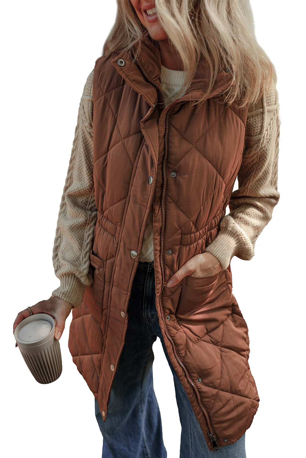 Coffee Puffer Quilted Stand Collar Pocketed Vest Coat