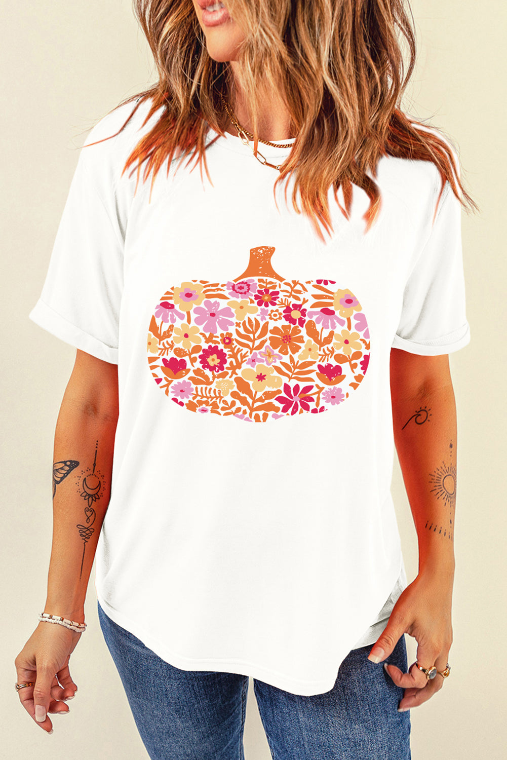 White Floral Pumpkin Graphic Fashion Tee