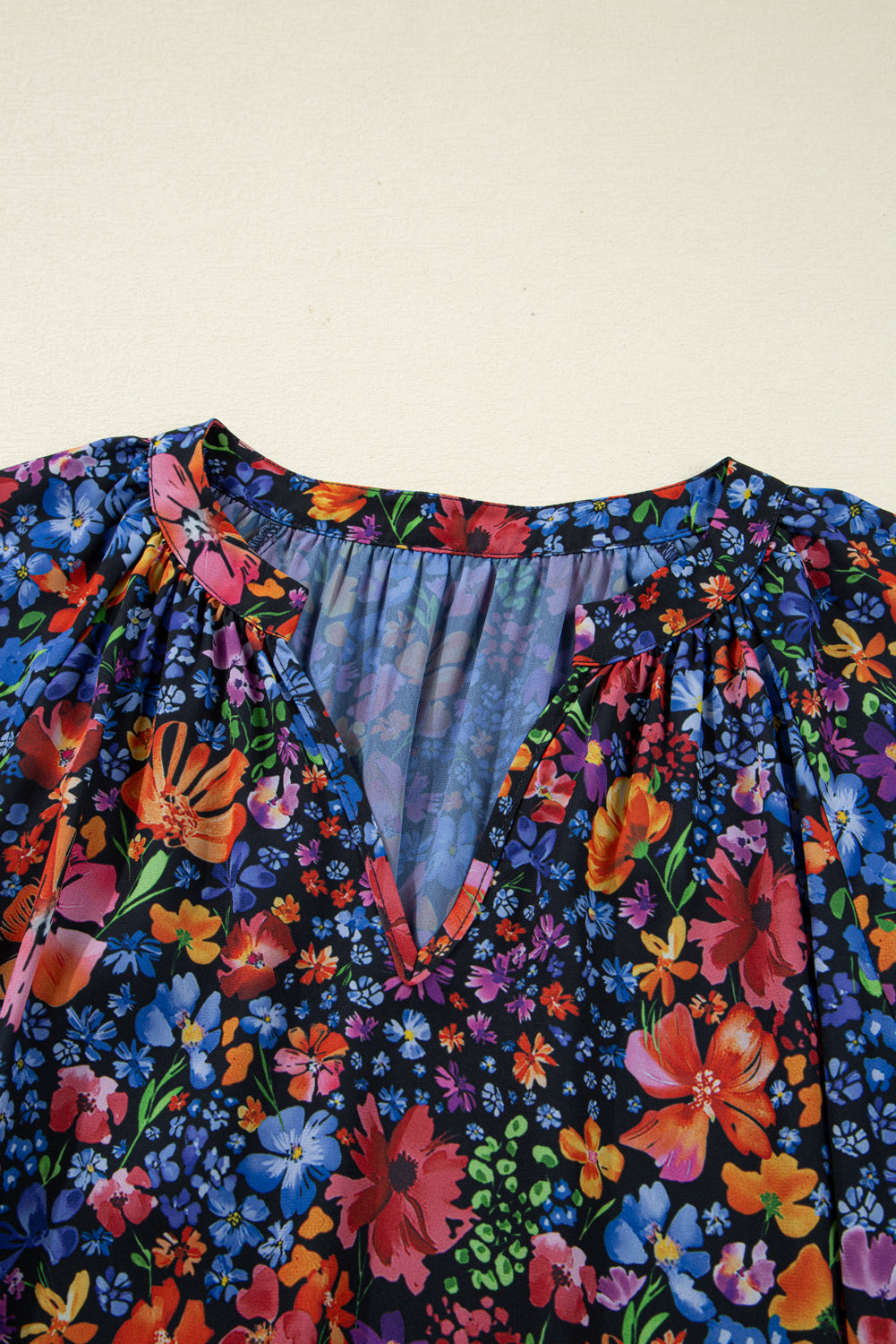 Blue Floral Print Tassel Tie V Neck Long Sleeve Flowy Long Dress