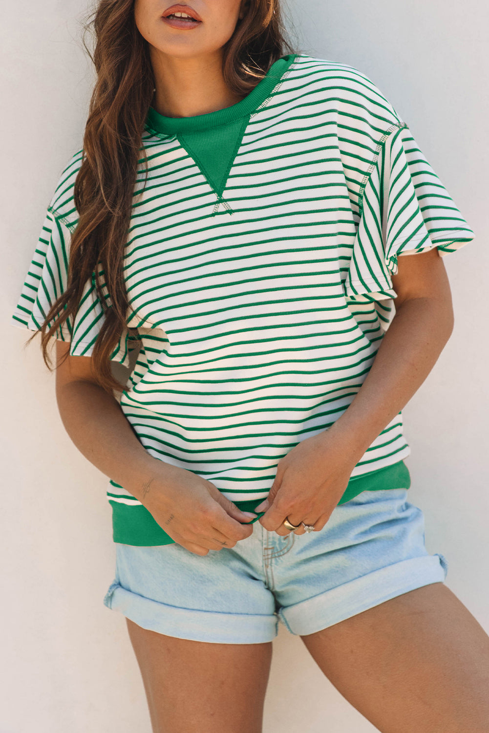 Bright Green Contrast Detail Striped Ruffle Short Sleeve Top