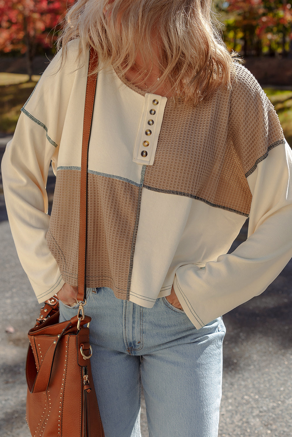 Beige Waffle Patchwork Stitch Detail Long Sleeve Henley Top