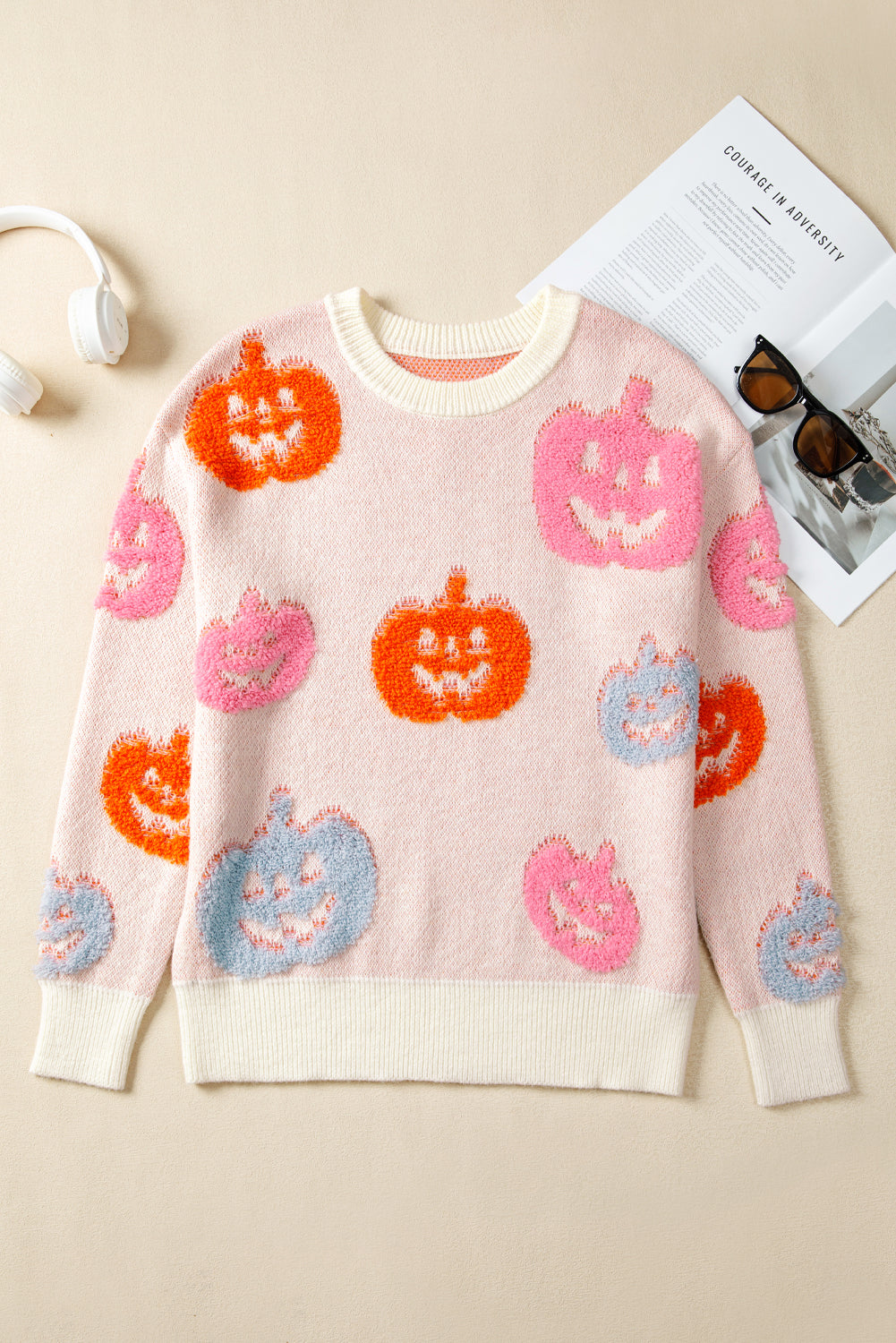 Beige Halloween Cute Pumpkin Pattern Sweater