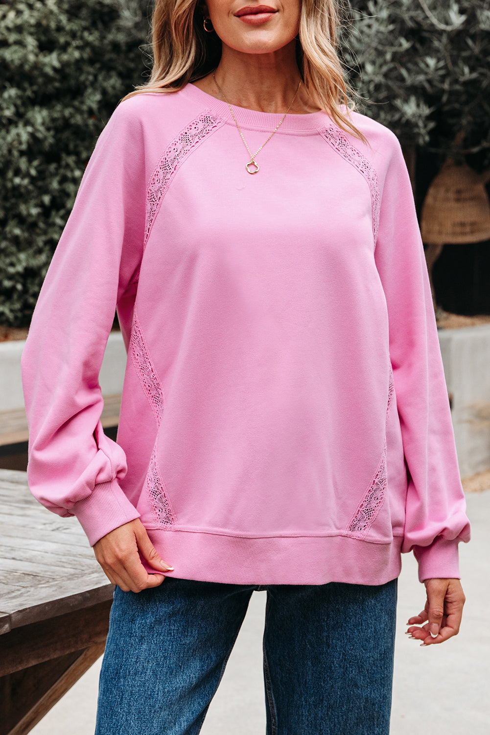 Bright Pink Lace Patched Raglan Sleeve Loose Fit Sweatshirt