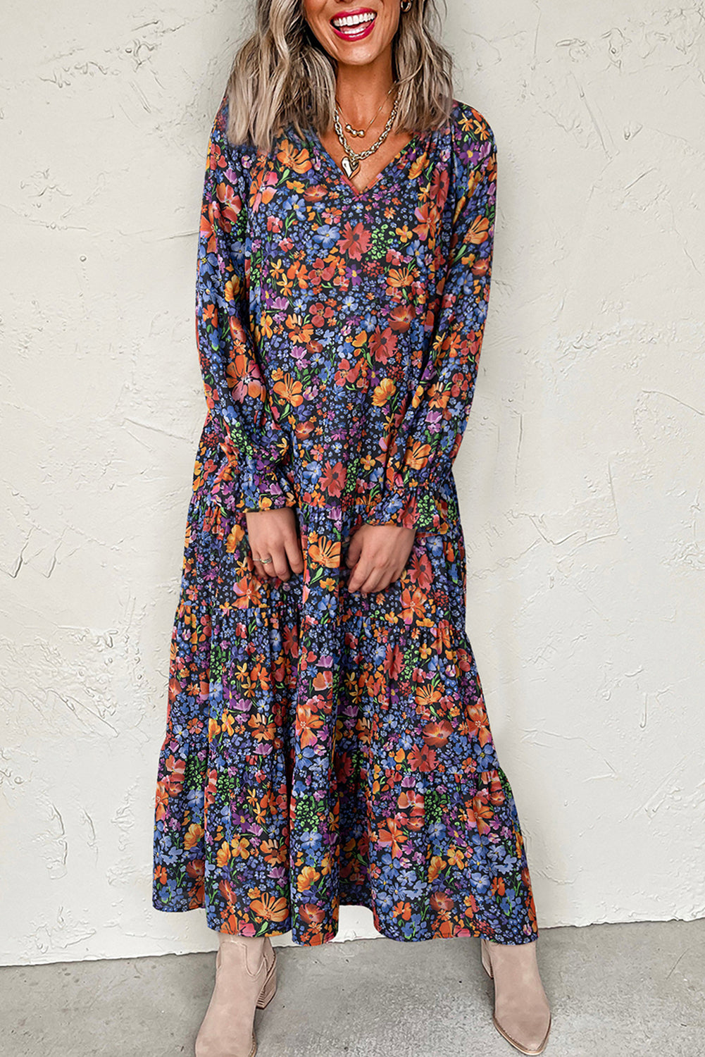 Blue Floral Print Tassel Tie V Neck Long Sleeve Flowy Long Dress