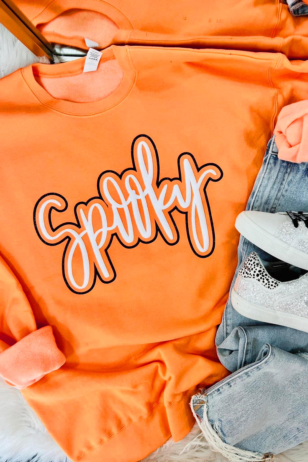 Grapefruit Orange Spooky Graphic Halloween Crew Neck Holiday Sweatshirt