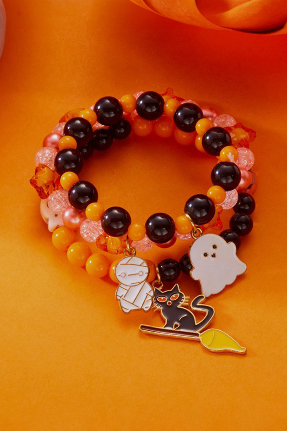 Orange 3pcs Hallowen Pendent Elastic Beaded Bracelet Set