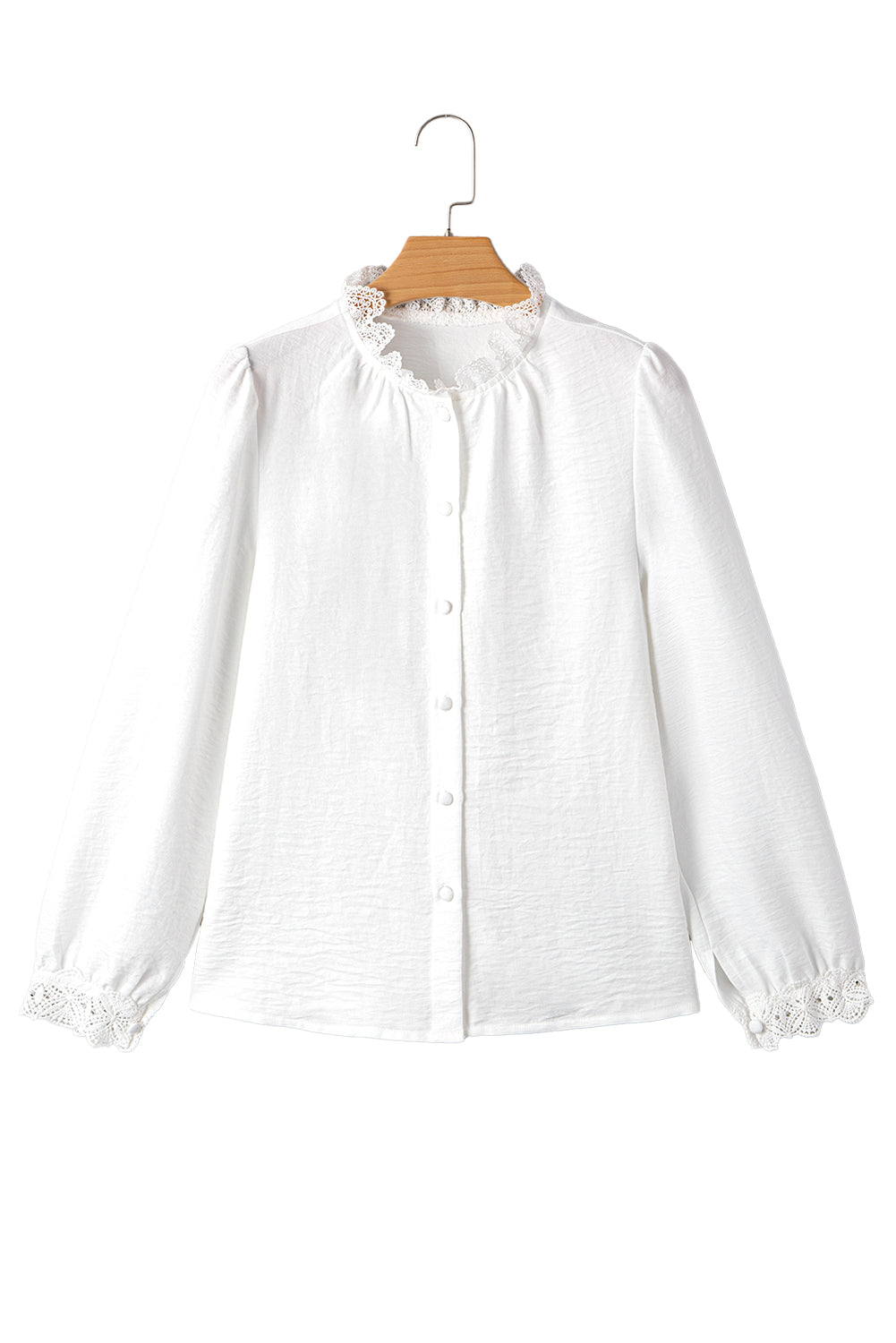 White Lace Patchwork Buttoned Stand Neck Loose Shirt